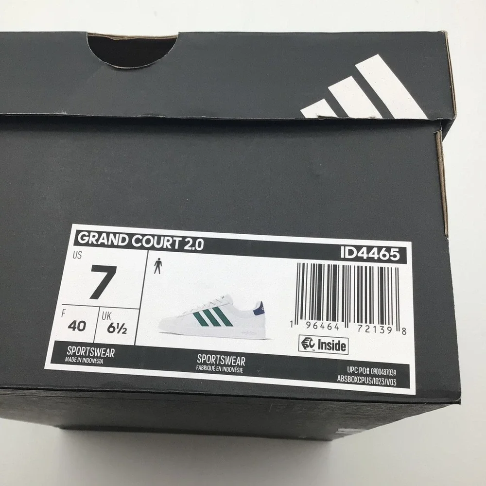 Adidas Grand Court 2.0 Mens White Striped Lace Up Sneakers ID4465 Shoes‎ Size 7